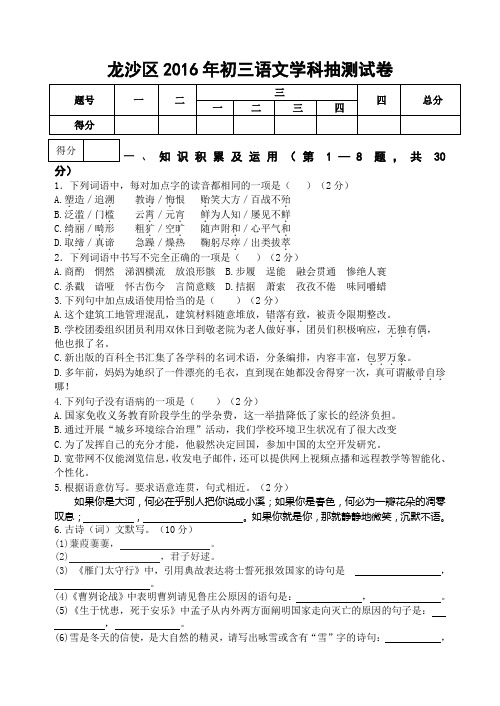 人教版九年级下册语文学科抽测试卷