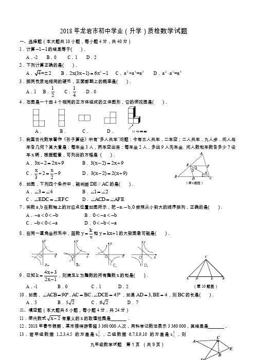 2018年龙岩质检数学试题及答案