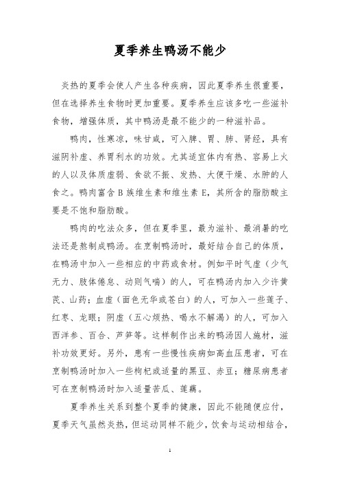夏季养生鸭汤不能少