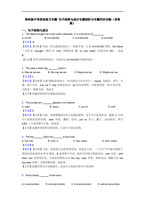 译林版中考英语复习专题 句子结构与成分专题剖析与专题同步训练(含答案)