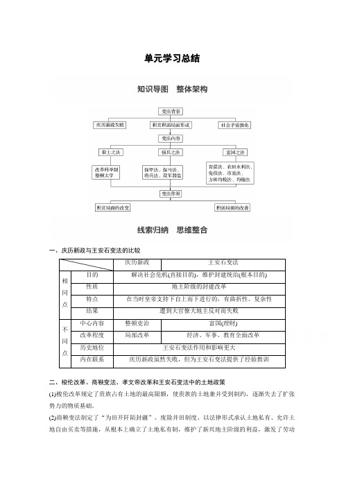 2017-2018学年高中历史人教版选修一教学案：第四单元+王安石变法+单元学习总结+Word版含答案