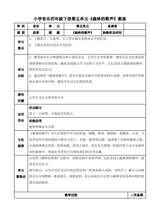 小学音乐四年级下册第五单元《森林的歌声》教案