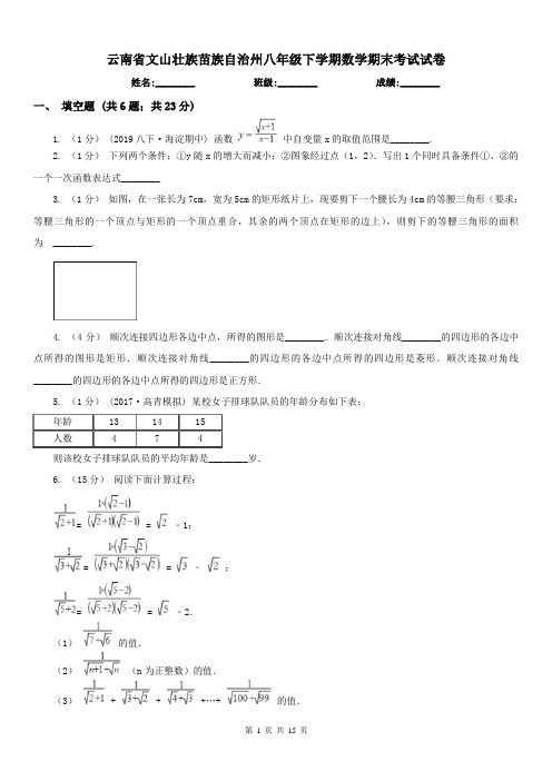 云南省文山壮族苗族自治州八年级下学期数学期末考试试卷