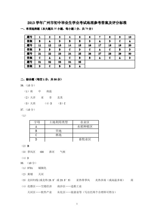 【清晰版2014年6月】2013学年初二地理结业考参考答案及评分标准