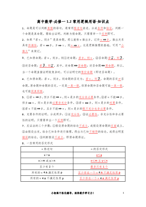 高中数学-必修一1.2常用逻辑用语-知识点