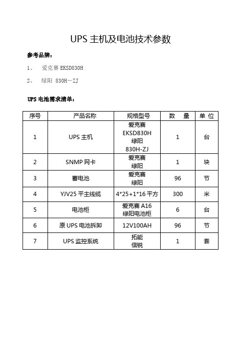 UPS主机及电池技术参数