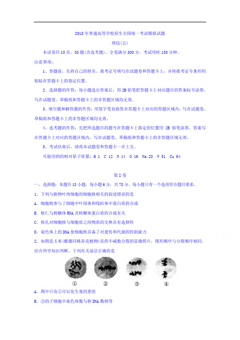 普通高等学校2018届高三招生全国统一考试模拟(五)理科综合试题