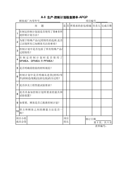 生产-控制计划检查清单