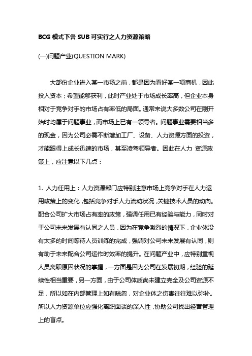 BCG模式下各SUB可实行之人力资源策略