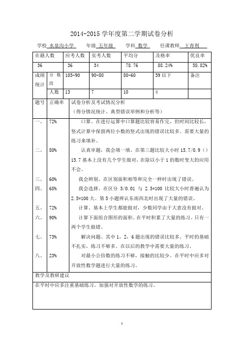 2014-2015年上学期小学五年级数学试卷分析