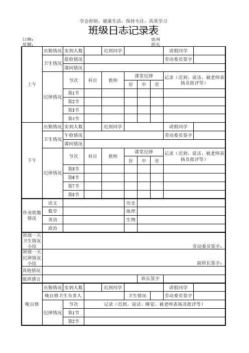 初中班级日志记录表