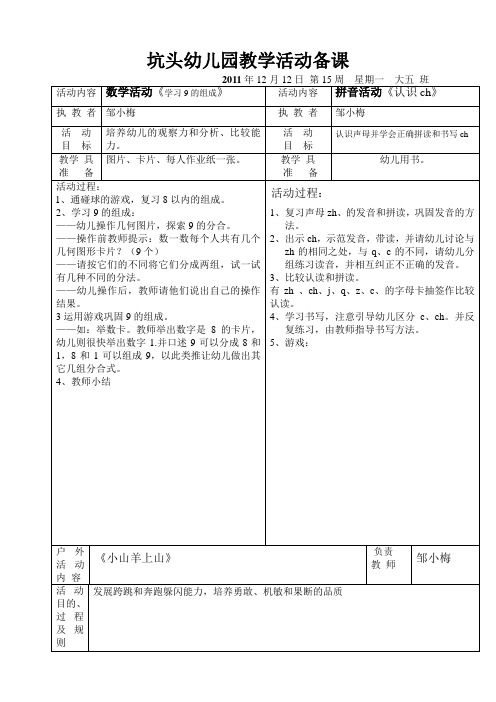 坑头幼儿园2011学年第一学期大五班备课,第15周