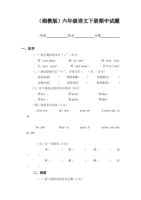 (湘教版)六年级语文下册期中试题