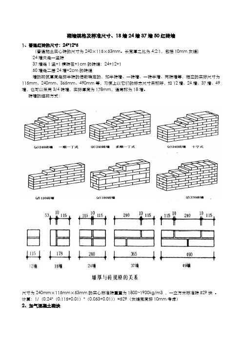 砌墙规格及标准尺寸、18墙24墙37墙50红砖墙