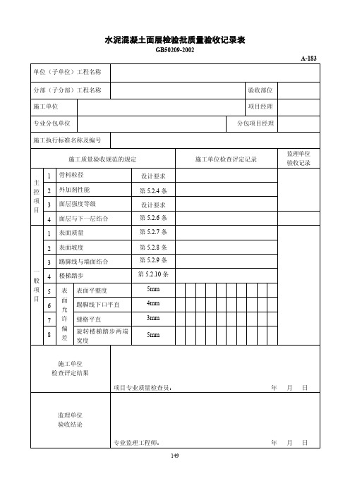 水泥混凝土面层检验批质量验收记录表