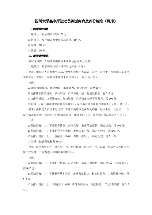 四川大学高水平运动员测试内容及评分标准网球