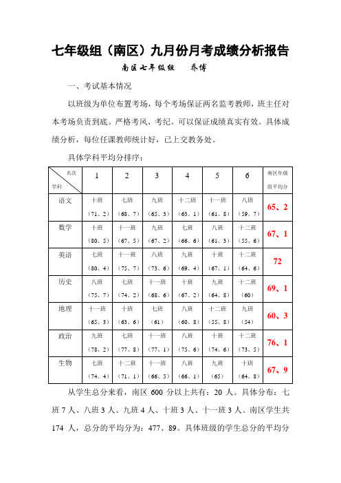 2012年七年级组九月份月考成绩分析报告