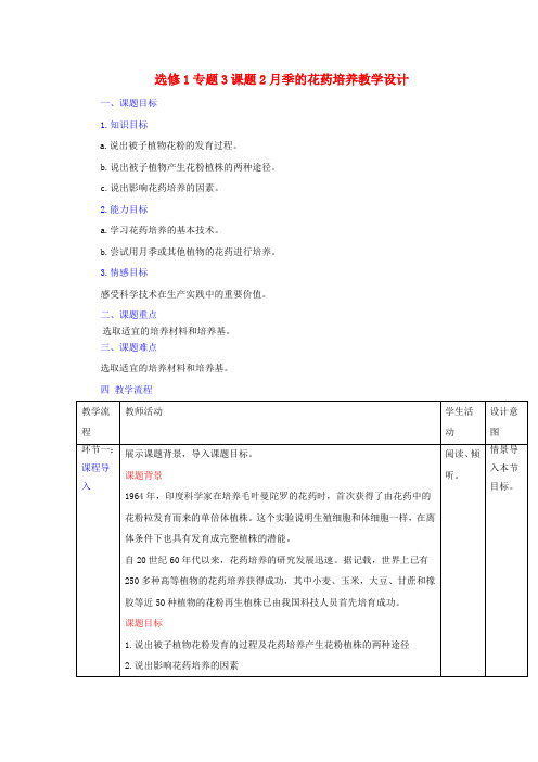 《课题2 月季的花药培养》教学设计(安徽省县级优课)