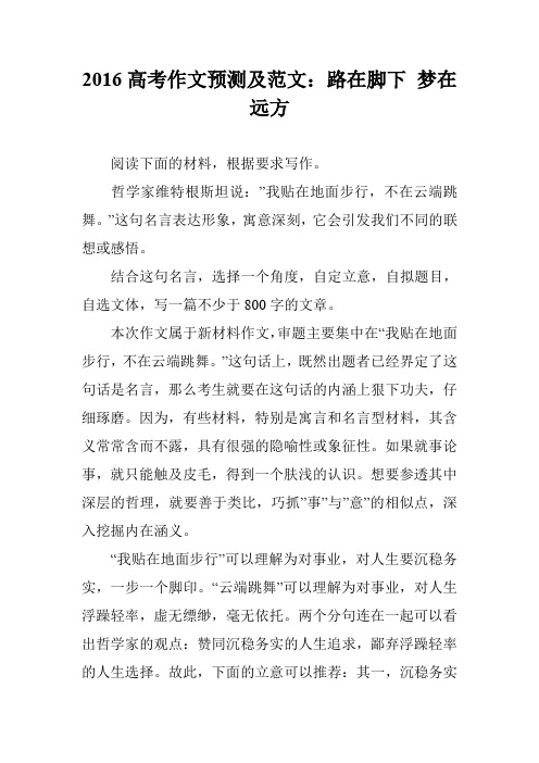 2016高考作文预测及范文：路在脚下 梦在远方