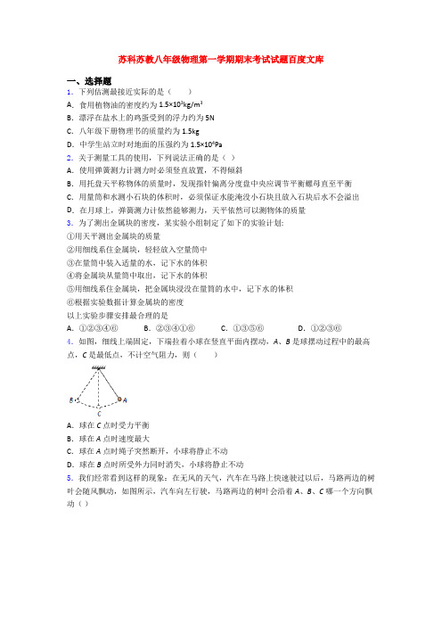 苏科苏教八年级物理第一学期期末考试试题百度文库
