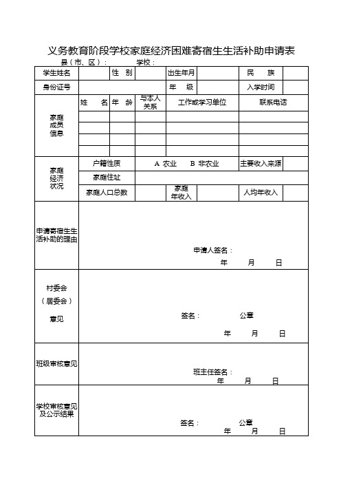 义务教育阶段学校家庭经济困难寄宿生生活补助申请表
