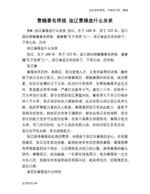 历史趣谈：曹魏著名将领 张辽曹操是什么关系