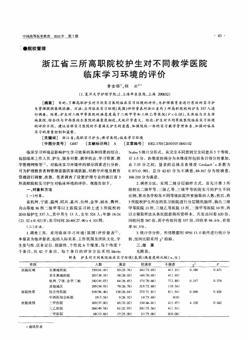 浙江省三所高职院校护生对不同教学医院临床学习环境的评价