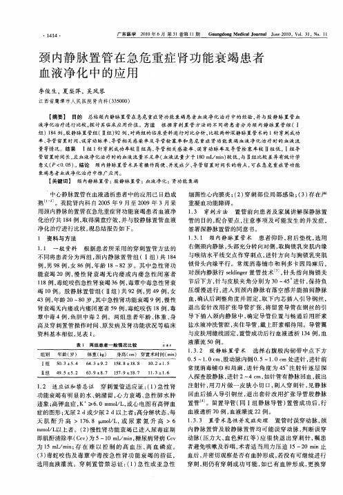 颈内静脉置管在急危重症肾功能衰竭患者血液净化中的应用
