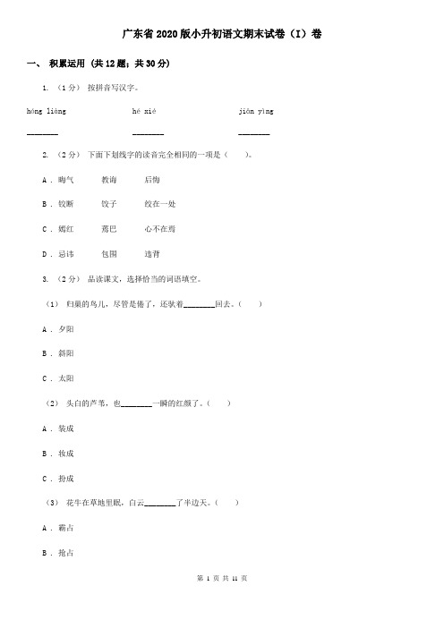 广东省2020版小升初语文期末试卷(I)卷精编