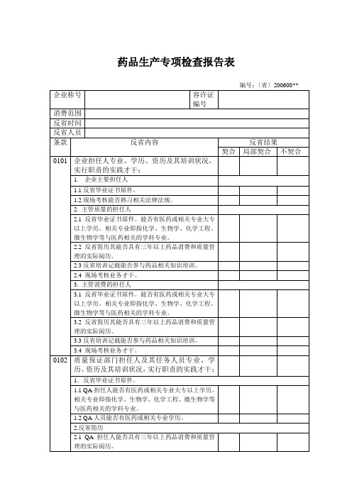 药品生产专项检查报告表