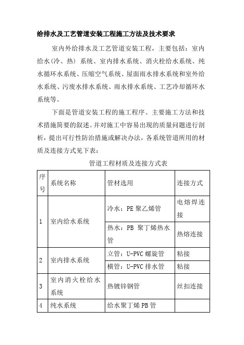 给排水及工艺管道安装工程施工方法及技术要求