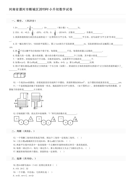 河南省漯河市郾城区2019年小升初数学试卷及参考答案