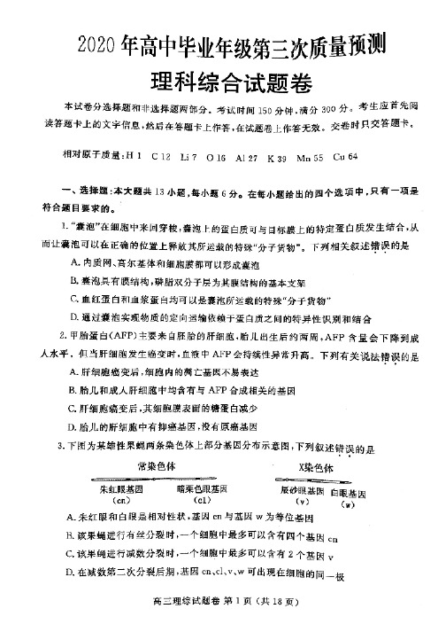 郑州市2020届高三第三次质量预测理科综合试题及答案解析