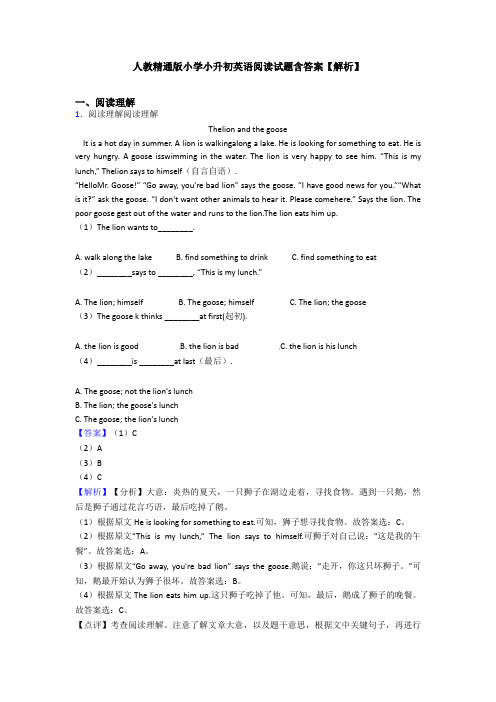 人教精通版小学小升初英语阅读试题含答案【解析】 (11)