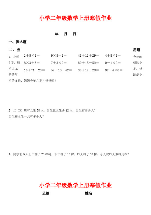 2020年小学数学 人教版小学二年级数学上册寒假作业