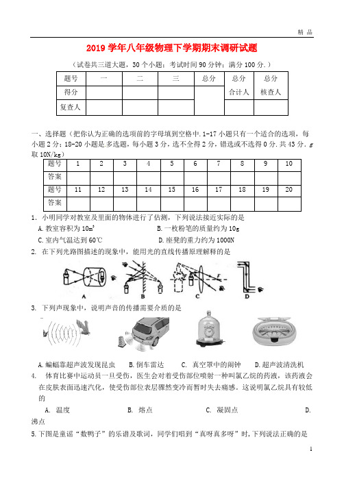 2019学年八年级物理下学期期末调研试题 新人教版