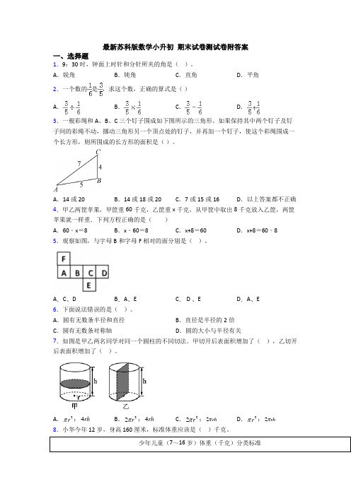 最新苏科版数学小升初 期末试卷测试卷附答案