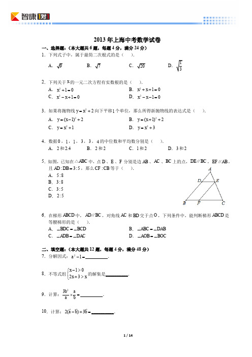 2013上海中考数学(含解析)