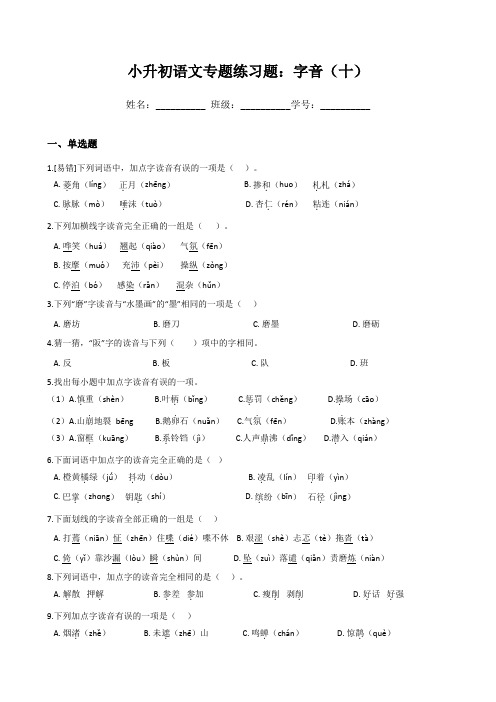 小升初语文专题练习题：字音(十)(Word版,含答案)