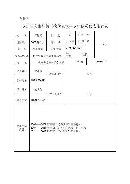 少先队员代表推荐表