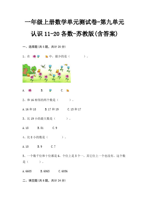 一年级上册数学单元测试卷-第九单元 认识11-20各数-苏教版(含答案)