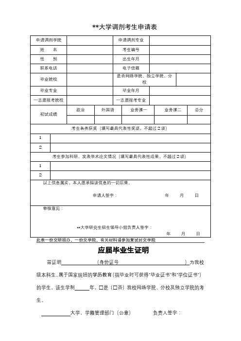XX大学调剂考生申请表【模板】