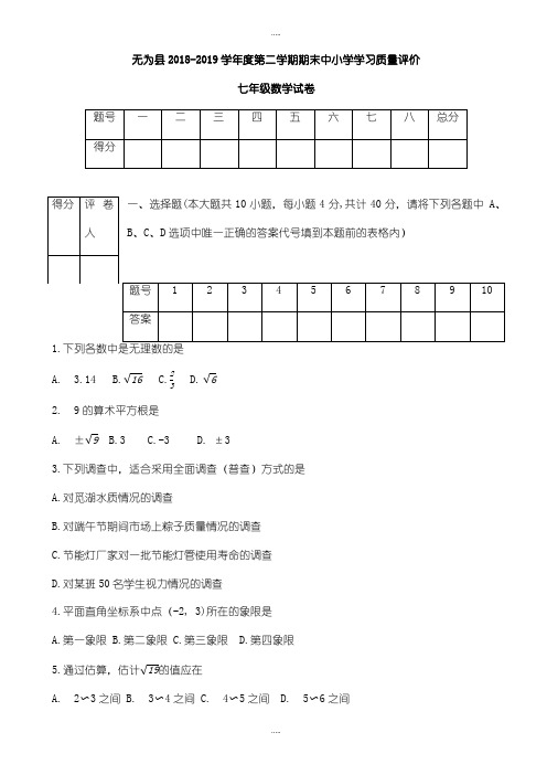芜湖市无为县最新七年级下期末考试数学试卷试题有答案