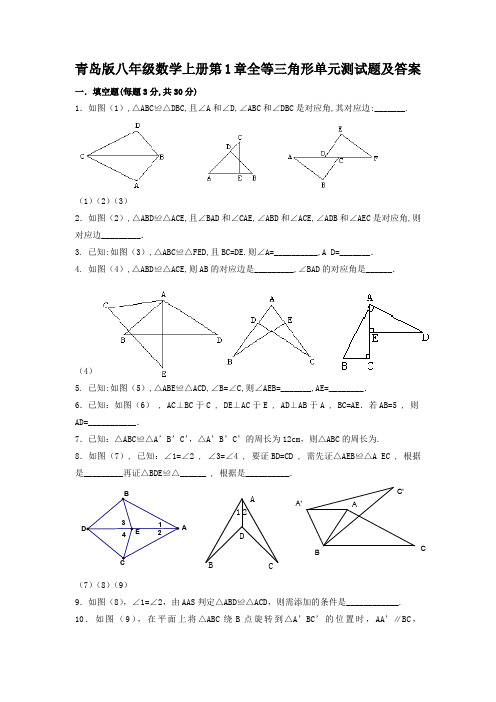 青岛版八年级数学上册第1章全等三角形单元测试题及答案 - 副本