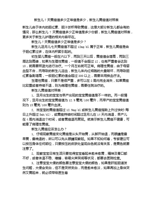 《新生儿7天黄疸值多少正常值是多少,新生儿黄疸值对照表》