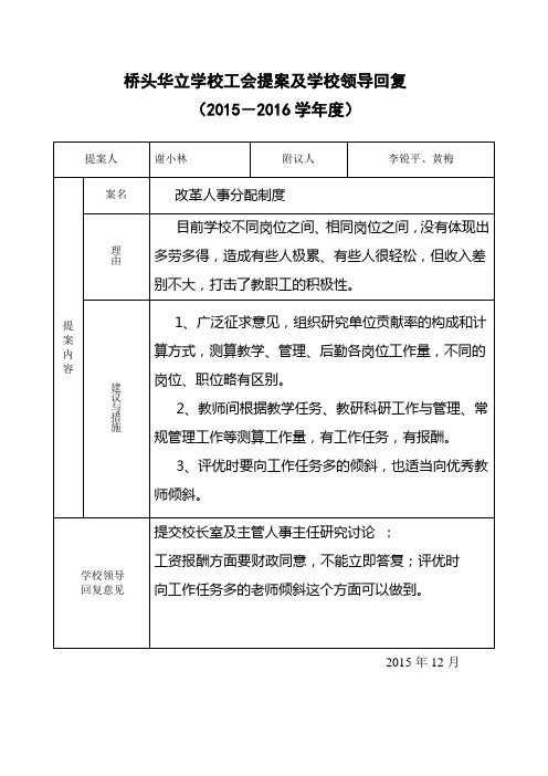 学校工会提案及学校领导回复