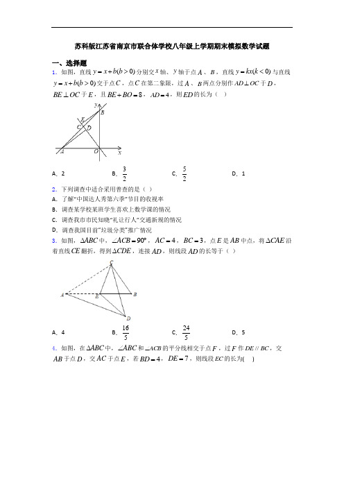 苏科版江苏省南京市联合体学校八年级上学期期末模拟数学试题
