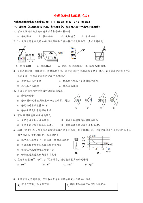 2021年江苏省连云港市九年级化学下学期全真模拟试题(三)有答案
