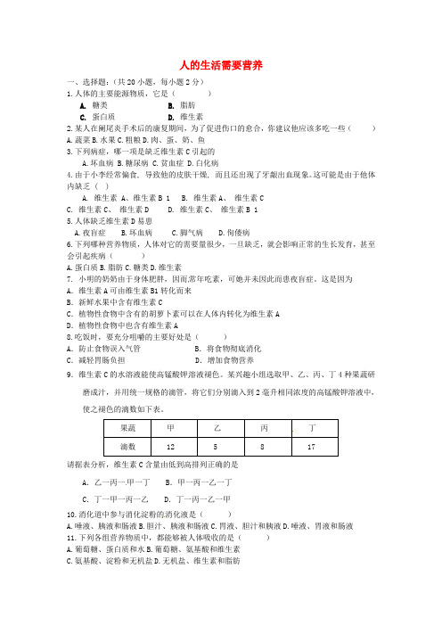 七年级生物下册 3.1 人的生活需要营养单元综合检测(无答案)(新版)济南版