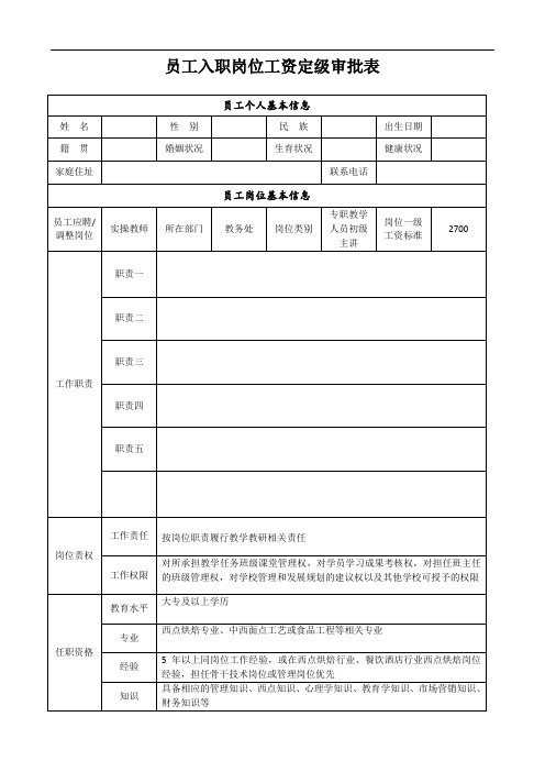 员工入职岗位工资定级审批表